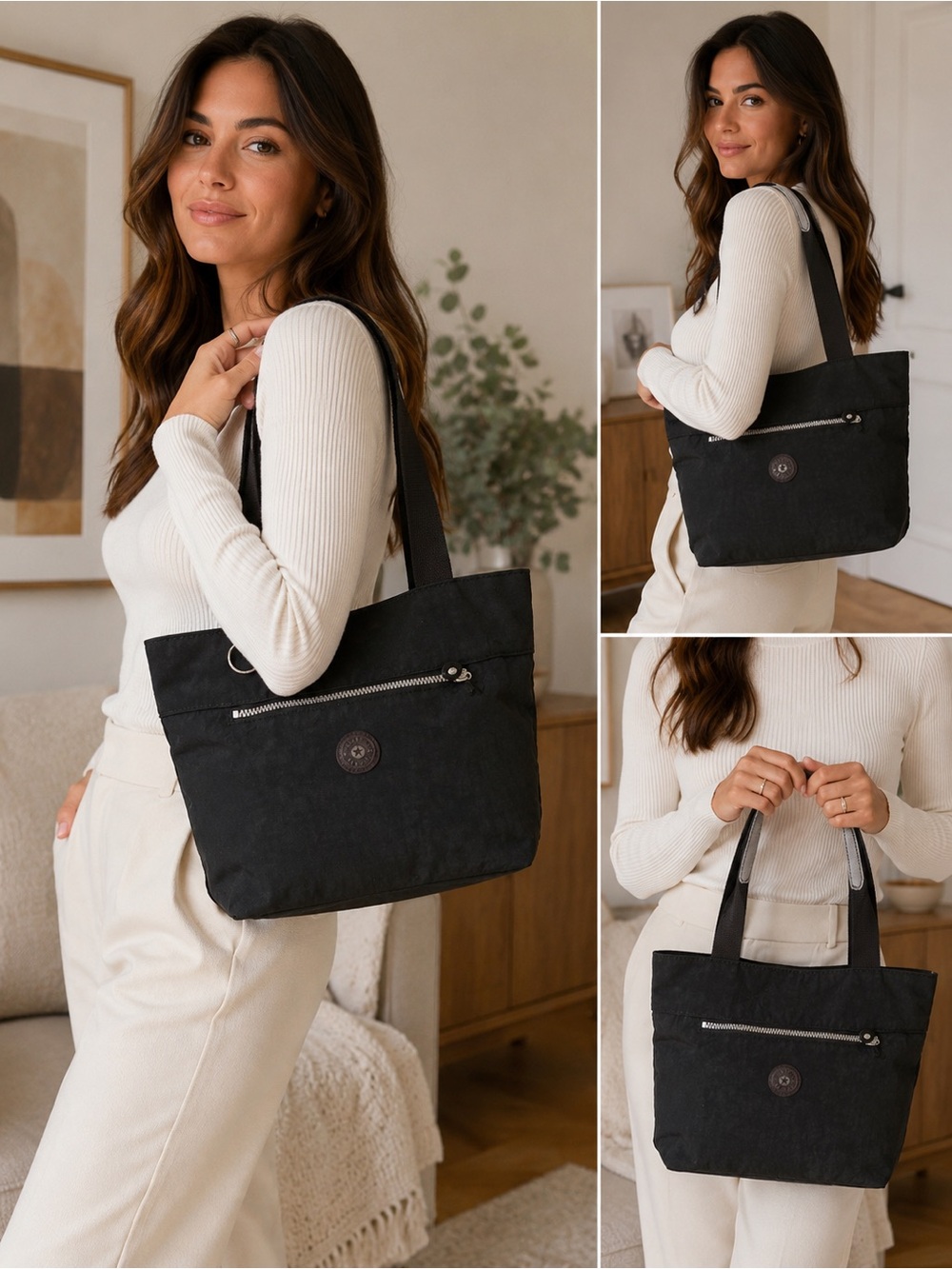 Kipling Black Fabric Zipper Shoulder Tote Bag Purse